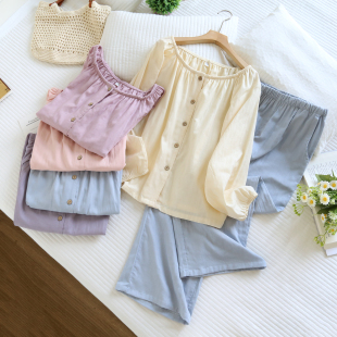 家居服 夏季 100%全棉睡衣女春秋纯棉双层纱布长袖 圆领纯色2026新款