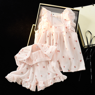 薄纯棉双层纱布公主风无袖 睡衣女夏季 2025新款 背心短裤 家居服 套装