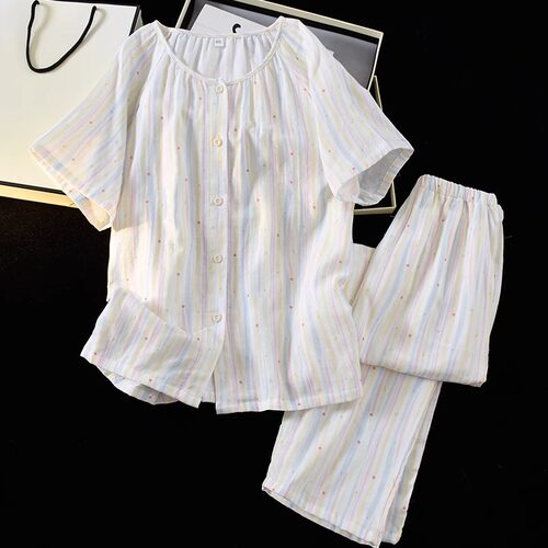 睡衣女夏季短袖长袖套装纯棉双层纱布2026新款加肥大码全棉家居服