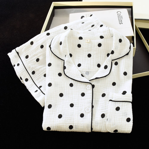 短袖睡衣女夏季纯棉双层纱布