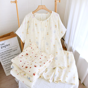 睡衣女纯棉纱布短袖 套装 带胸垫夏季 短裤 家居服 圆领开衫 2025新款