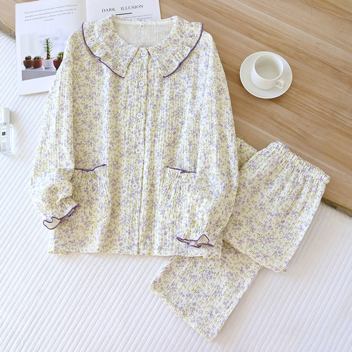 田园碎花睡衣女春秋纯棉双层纱布长袖套装娃娃领2026新款夏家居服