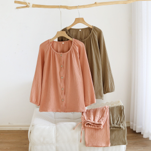 100%全棉家居服 夏天长袖 圆领睡衣女纯棉双层纱布春秋开衫 2026新款