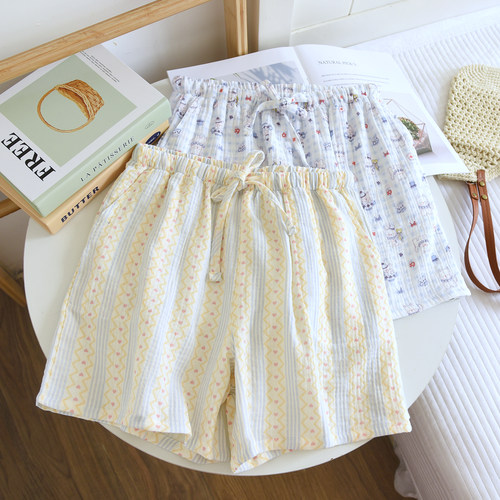 纯棉双层纱布睡裤女夏季短裤薄款五分沙滩2026新款100%全棉家居裤