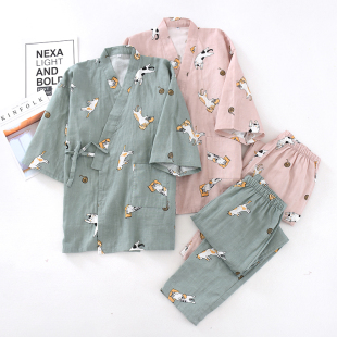 情侣家居服套装 薄款 汗蒸休闲宽松春秋季 纯棉纱布和服男女睡衣日式