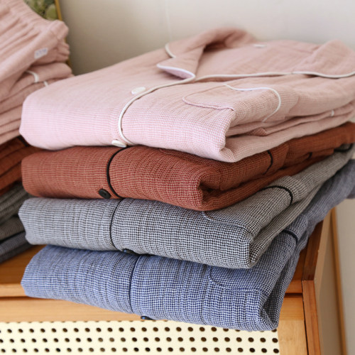 加厚纯棉四层纱布睡衣女春秋冬情侣套装大码100%全棉男家居服套装