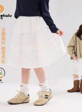 布丁哈鲁女童春季白色半身裙儿童纯棉花边短裙女宝镂空设计a字裙