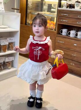 DZ26026女童童套装 2026夏季小童韩版花边蝴蝶结背心吊带花边半裙