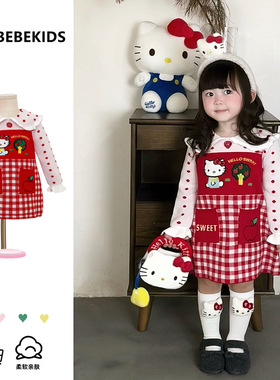 HELLOKT猫新品2025女童秋冬连衣裙格子卡通洋气甜美长袖针织童裙