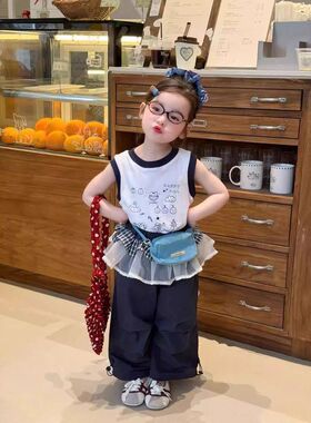 DZ26027女童童套装 2026春夏新品卡通印花背心宝宝网纱屁帘工装裤