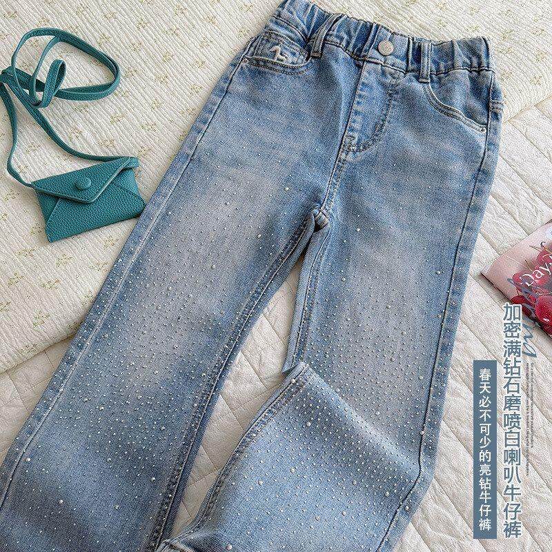 谢金毛女童裤子加密满钻石磨喷白喇叭牛仔裤2026新款湖州织里童装