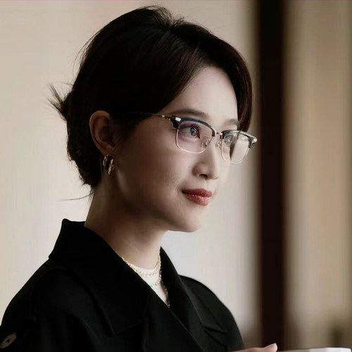 半框复古圆脸防蓝光平光镜黑框