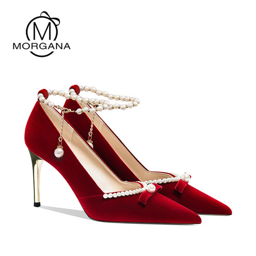 婚鞋女2025新款珍珠中式新娘鞋秀禾婚纱两穿细跟红色高跟鞋不累脚