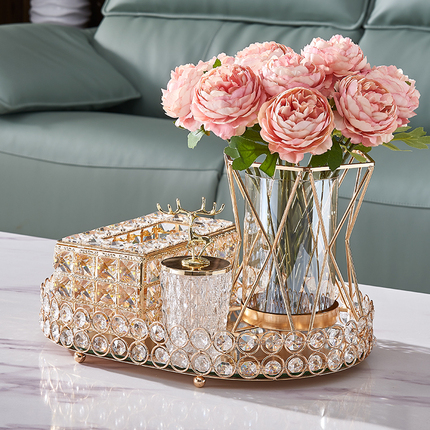 European-Style Light Luxury Crystal Tissue Box Tray Set for Living Room Coffee Table Dining Table High-End Tissue Box Vase Decorative Ornaments