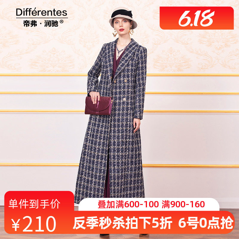 帝弗润驰赫本风毛呢大衣女2019秋冬新款复古格子超长款及踝外套女