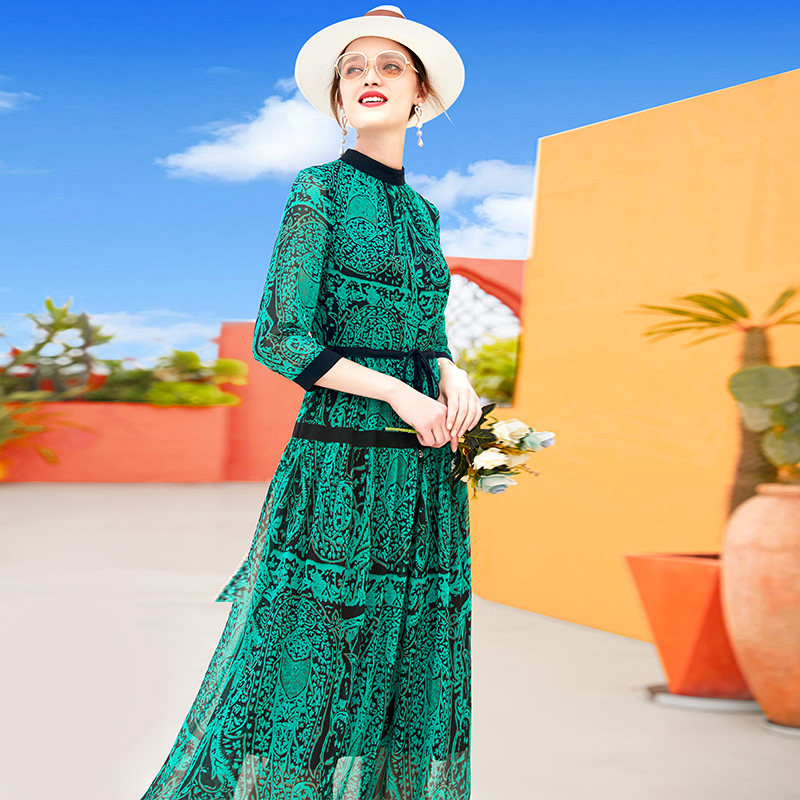 帝弗润驰新款女春夏长款连衣裙高端奢华大牌绿色优雅印花雪纺长裙