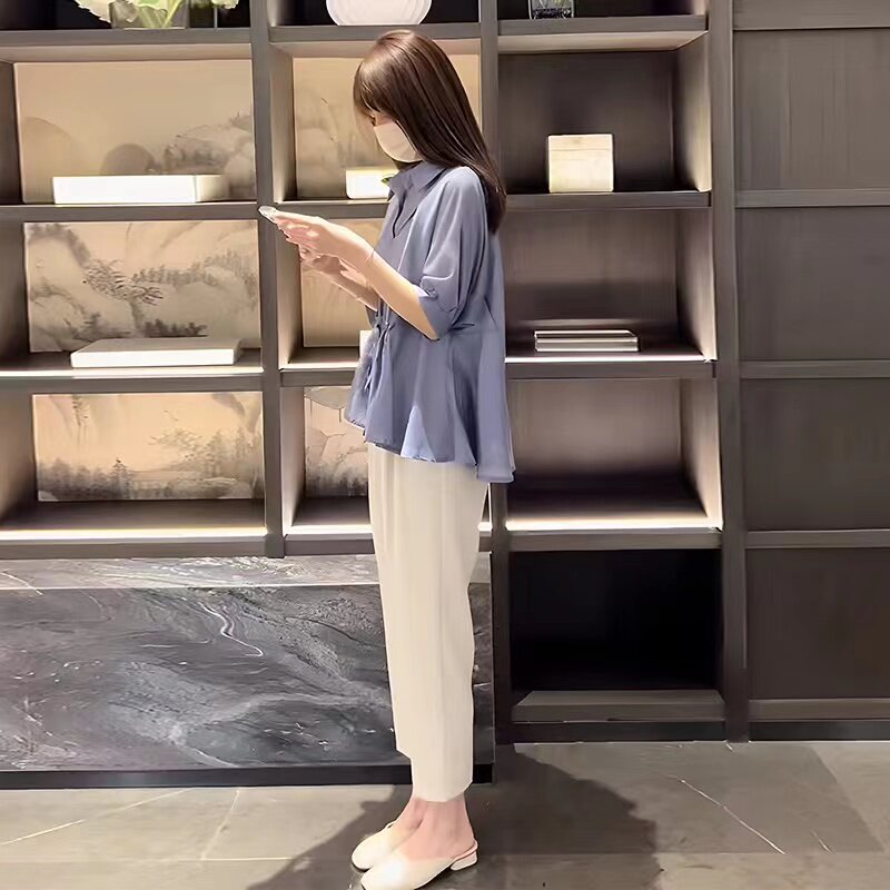 임부복 여름 아우터 루즈한 상의 셔츠 베이비돌 셔츠 여름 패셔너블 팬츠 투피스 세트
