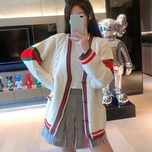 秋冬中长款针织开衫女撞色高级感宽松慵懒风百搭毛衣外套明星同款