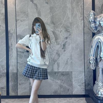 欧洲站2025新款菱格纹翻领短袖女