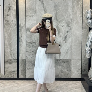 南油高奢短袖针织衫女夏字母翻领插肩袖棉质撞色条纹上衣明星同款