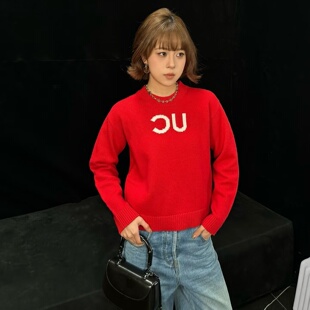 南油红色毛衣女早春圆领套头新年战衣字母提花针织衫外穿羊毛衫潮