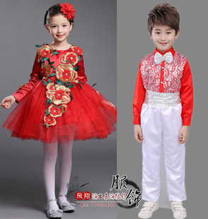 女童晚礼服儿童公主裙小主持人长袖冬季蓬蓬纱生日红色钢琴演出服