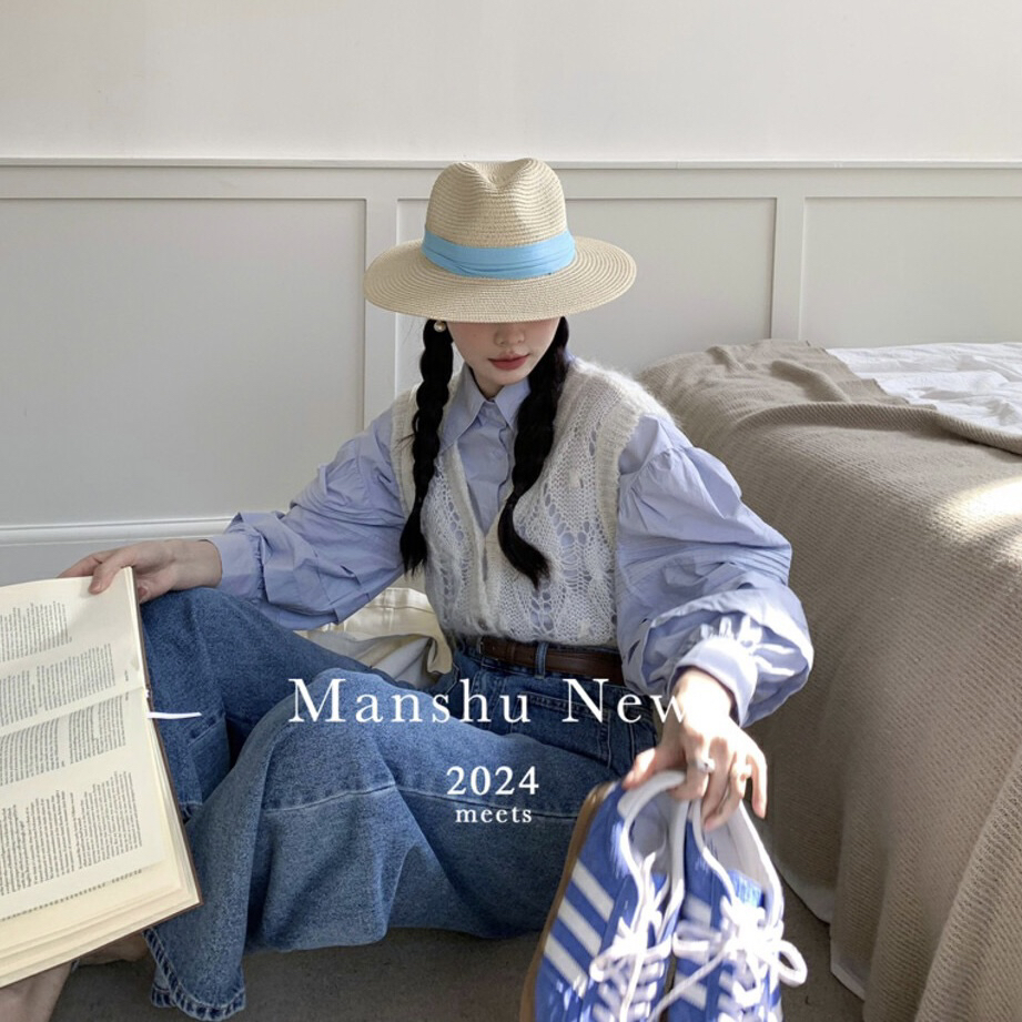 意法MANSHU蓝色设计感泡泡袖衬衫法式宫廷风衬衣韩版宽松百搭上衣