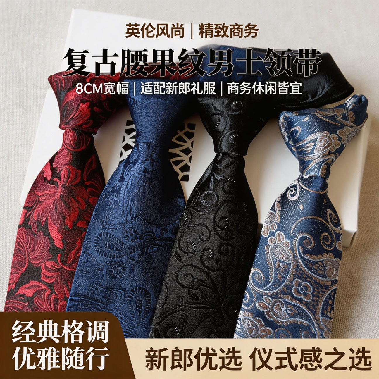 领带英伦时尚商务休闲男士工作黑色8CM宽复古腰果素格纹新郎结婚