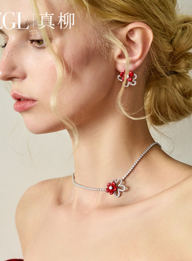 ZEGL红色花朵项链女高级感锁骨链