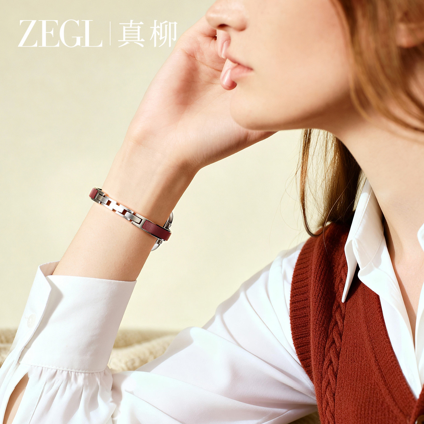 ZEGL设计师适用苹果钛钢applewatch手表表带女小众复古春夏手链腕带iwatchSE可调节手环红色皮革新年表带腕带