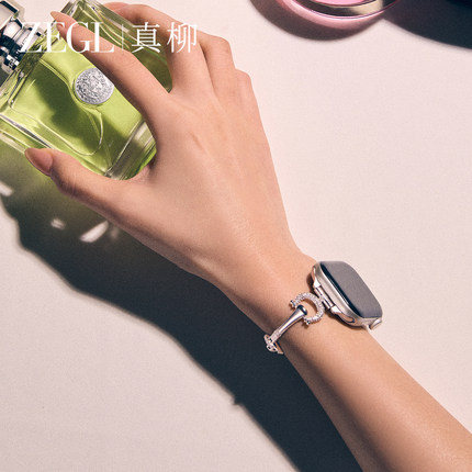 ZEGL设计师适用applewatchS10苹果手表表带女iwatchS9手表链秋冬银色锆石手链轻奢小众精致SE表带腕带可调节