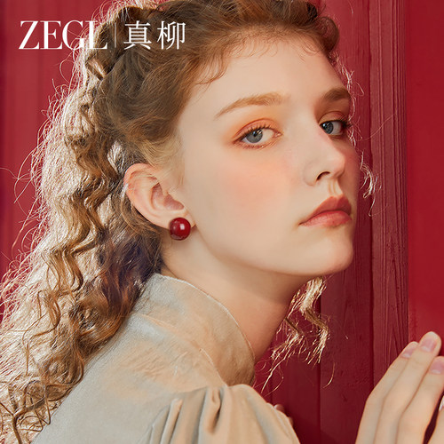 ZEGL红色豆豆耳钉新中式耳环