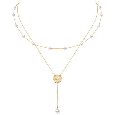 毛衣链送礼物山茶花珍珠项链双层