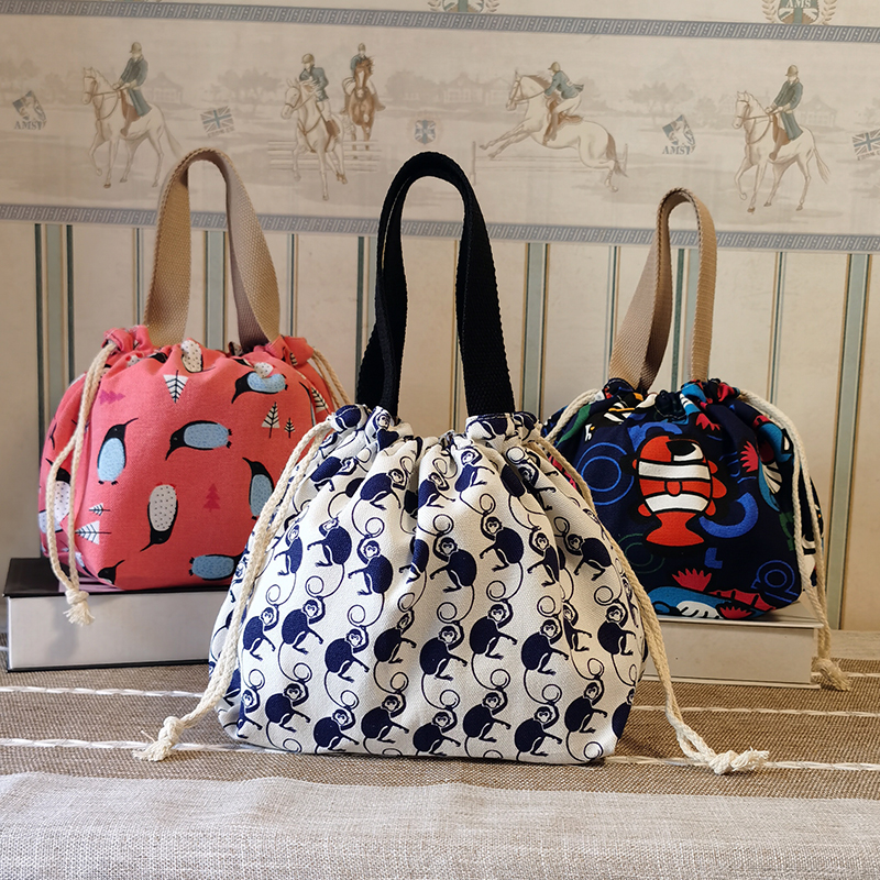 可爱手拎饭盒袋日韩环保便当包帆布抽绳大容量学生白领手提带饭包