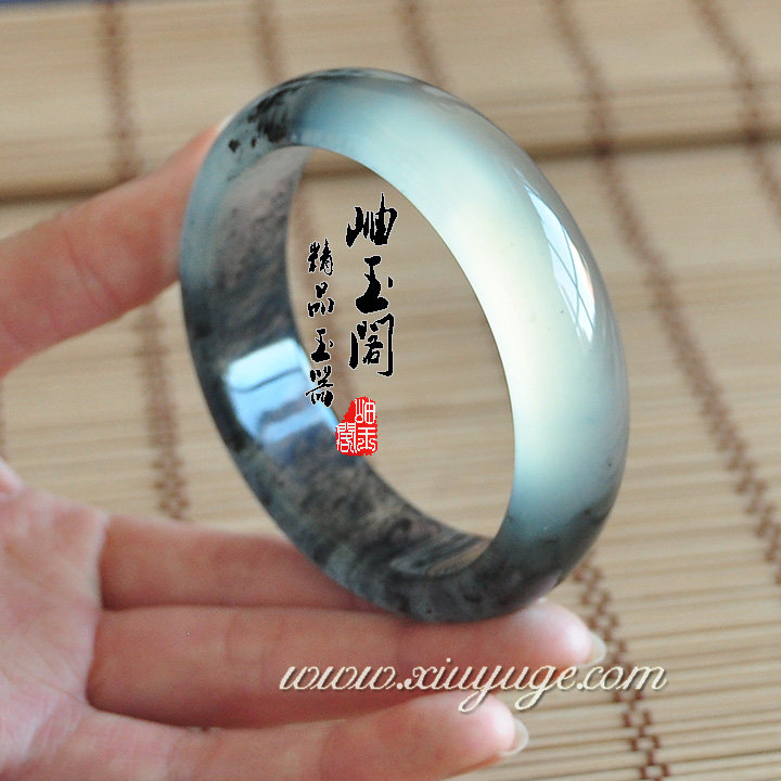 岫玉阁专柜正品纯天然岫玉手镯水墨丹青冰透美人镯58mm附证书3952