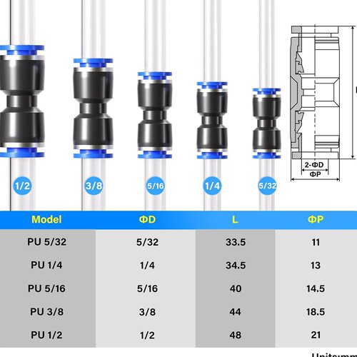 60PCS快速气动接头推入式连接器5/32