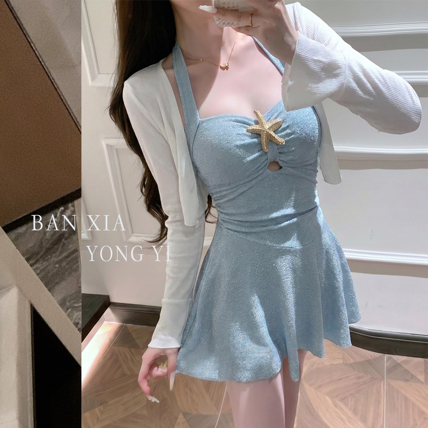 2026年新款挂脖连体泳衣女遮肉显瘦小胸聚拢平角温泉海边度假泳装