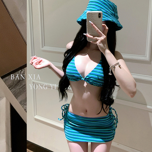 毛巾面料温泉泳衣女款性感辣妹三角比基尼度假泳装同款渔夫帽套装