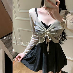 2025新款裙式连体保守泳衣女小胸聚拢遮肉显瘦度假温泉泳装两件套