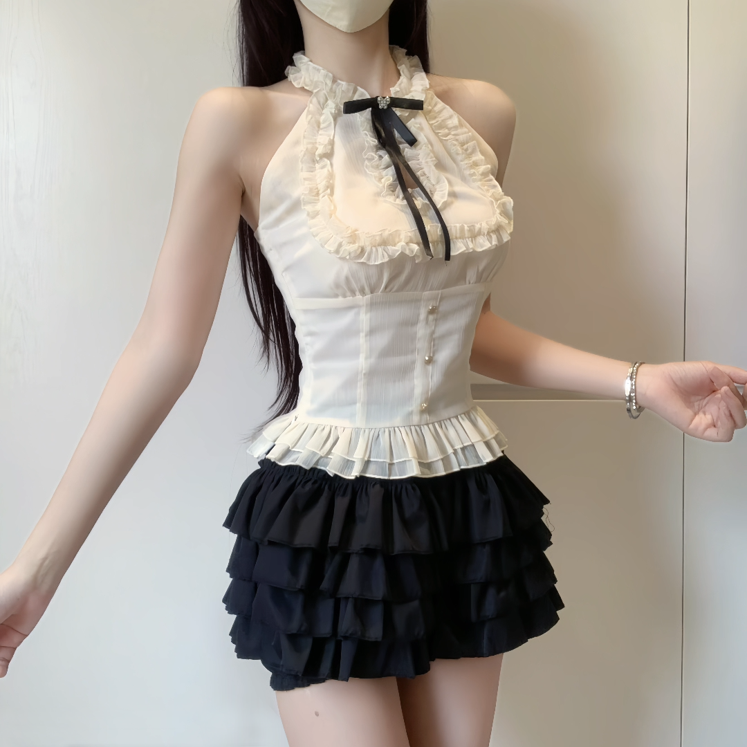 IQCQ轻奢定制花边拼接无袖挂脖上衣女掐腰显瘦气质蓬蓬半身裙套装