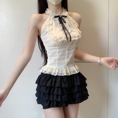 IQCQ拼接无袖挂脖上衣短裙套装