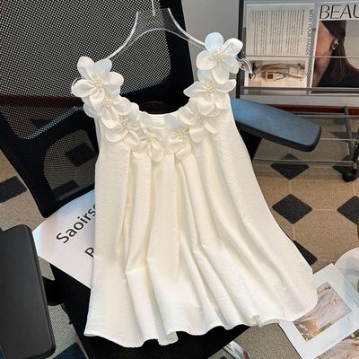 法式重工立体花朵白色无袖吊带背心女夏季2025新款宽松短款连衣裙