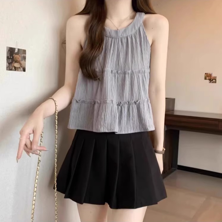 法式木耳边无袖背心上衣女装夏季甜辣妹小吊带设计感小众外穿大码
