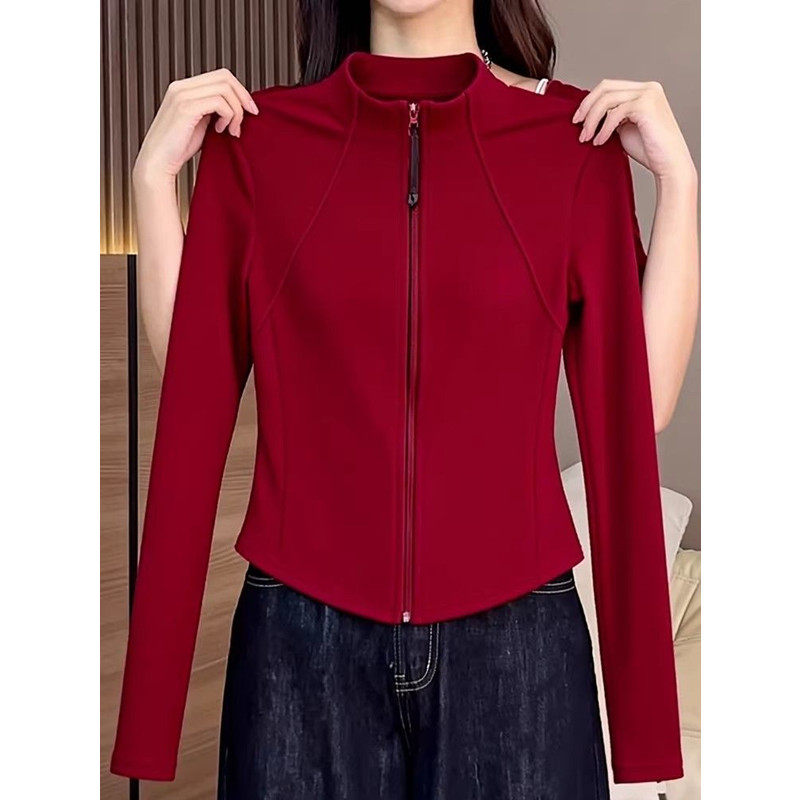 2026春季新款红色立领拉链长袖上衣女修身通勤风高级感内搭打底衫,女装/女士精品,短外套,淘宝优惠券,粉丝福利购,淘宝优惠卷