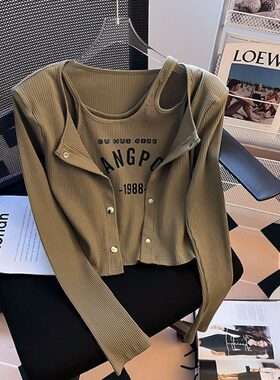 2026新款女吊带开衫两件套时尚潮款小众短款修身上衣长袖T外穿秋
