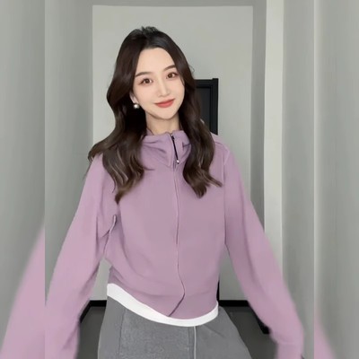 紫色双面德绒连帽卫衣女秋冬2024新款爆款高级感开衫外套短款上衣