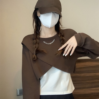 设计感不规则交叉小众卫衣女秋季短款小个子独特别致长袖套头上衣