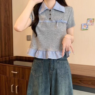 格纹短袖 T恤大码 女装 2025夏季 小衫 爆款 胖mm显瘦遮肉短款 上衣 新款