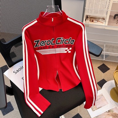 美式运动条纹长袖t恤女秋冬辣妹立领短款上衣拉链开衫外套打底衫