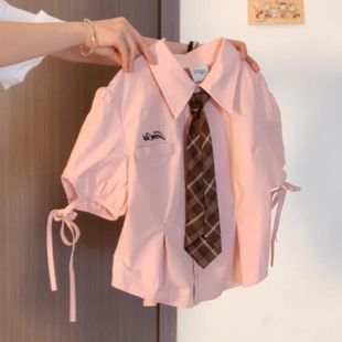 衬衫 辣妹短款 学院风粉色polo领短袖 女夏季 上衣 泡泡袖 别致绝美小衫